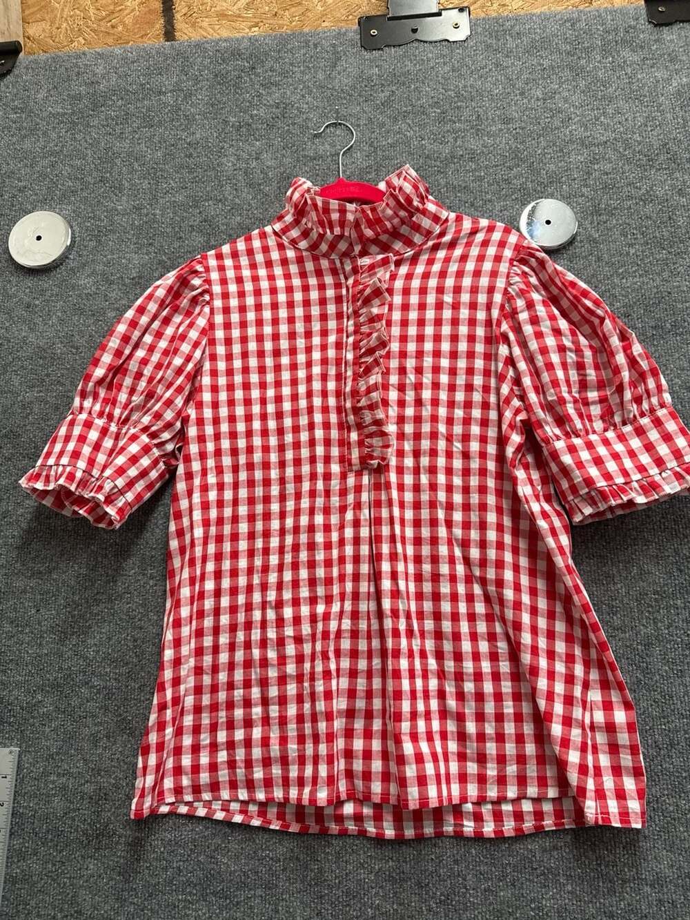Sage Vell Red and White Gingham Plaid Ruffle High Neck Blouse